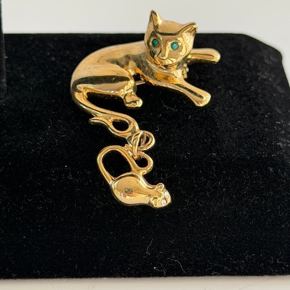 Vintage Goldtone Cat Mouse Brooch Dangler Pin Emerald Green Eyes Cat Lover Gift